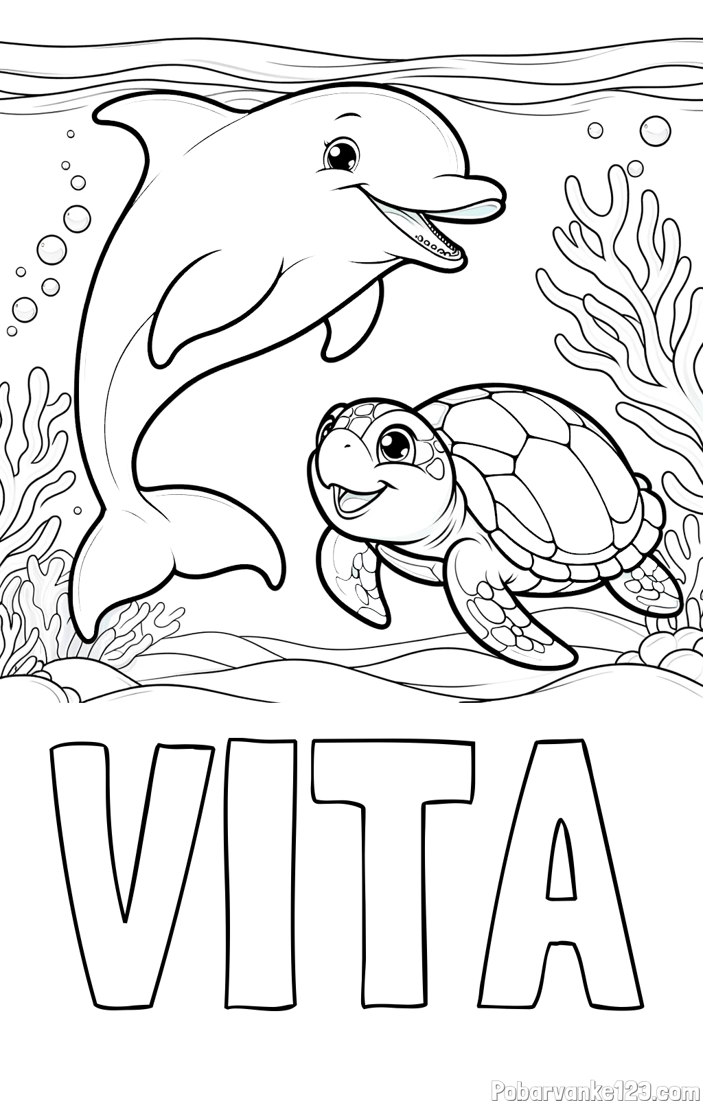 Pobarvanka imena VITA in pobarvanka ljubkega delfina z želvo v morju