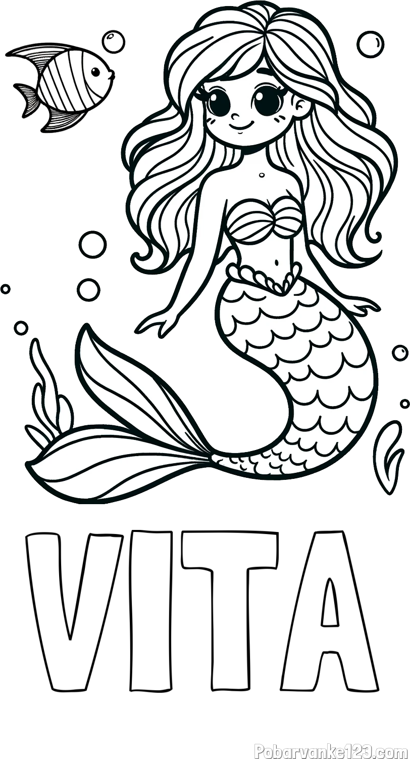Pobarvanka imena VITA in pobarvanka male morske deklice in ribice