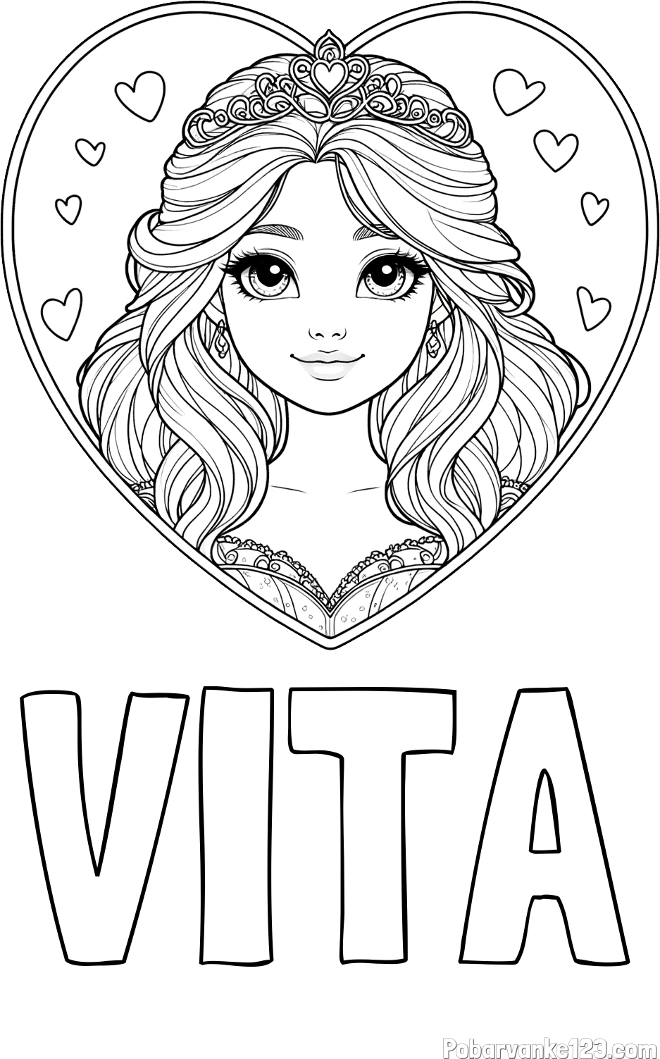 Pobarvanka imena VITA in pobarvanka princeske ter srčkov