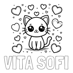Online izdelana pobarvanka - Pobarvanka imena VITA SOFI in pobarvanka ljubke mucke obdane z veliko srčki