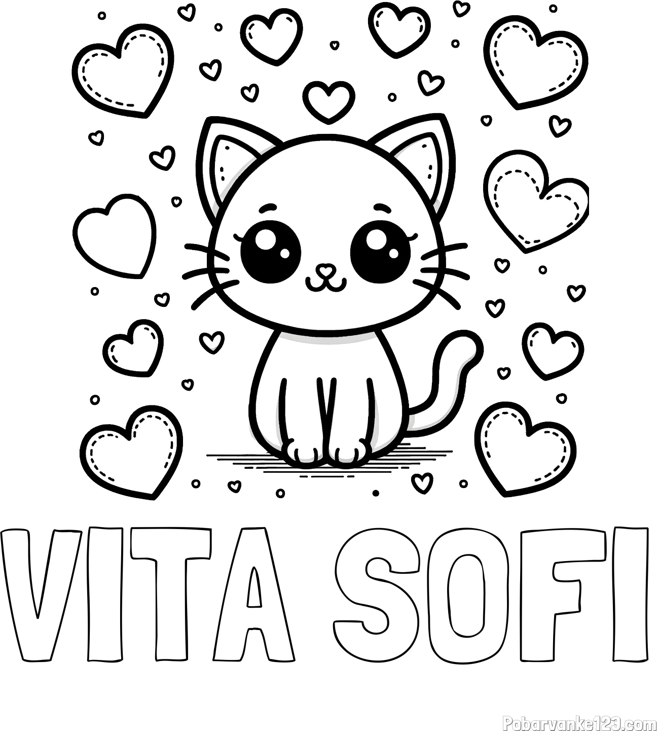 Pobarvanka imena VITA SOFI in pobarvanka ljubke mucke obdane z veliko srčki