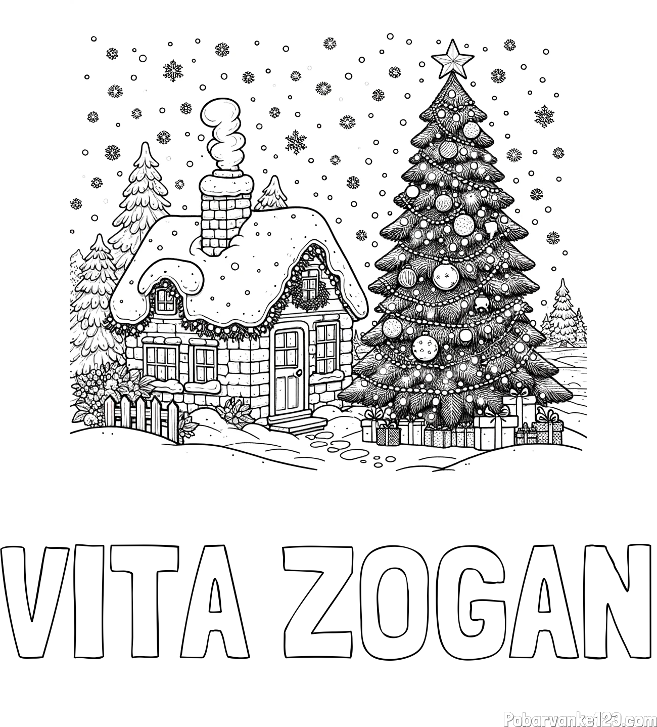 Pobarvanka imena VITA ŽOGAN in pobarvanka zasnežene hiške na božično noč