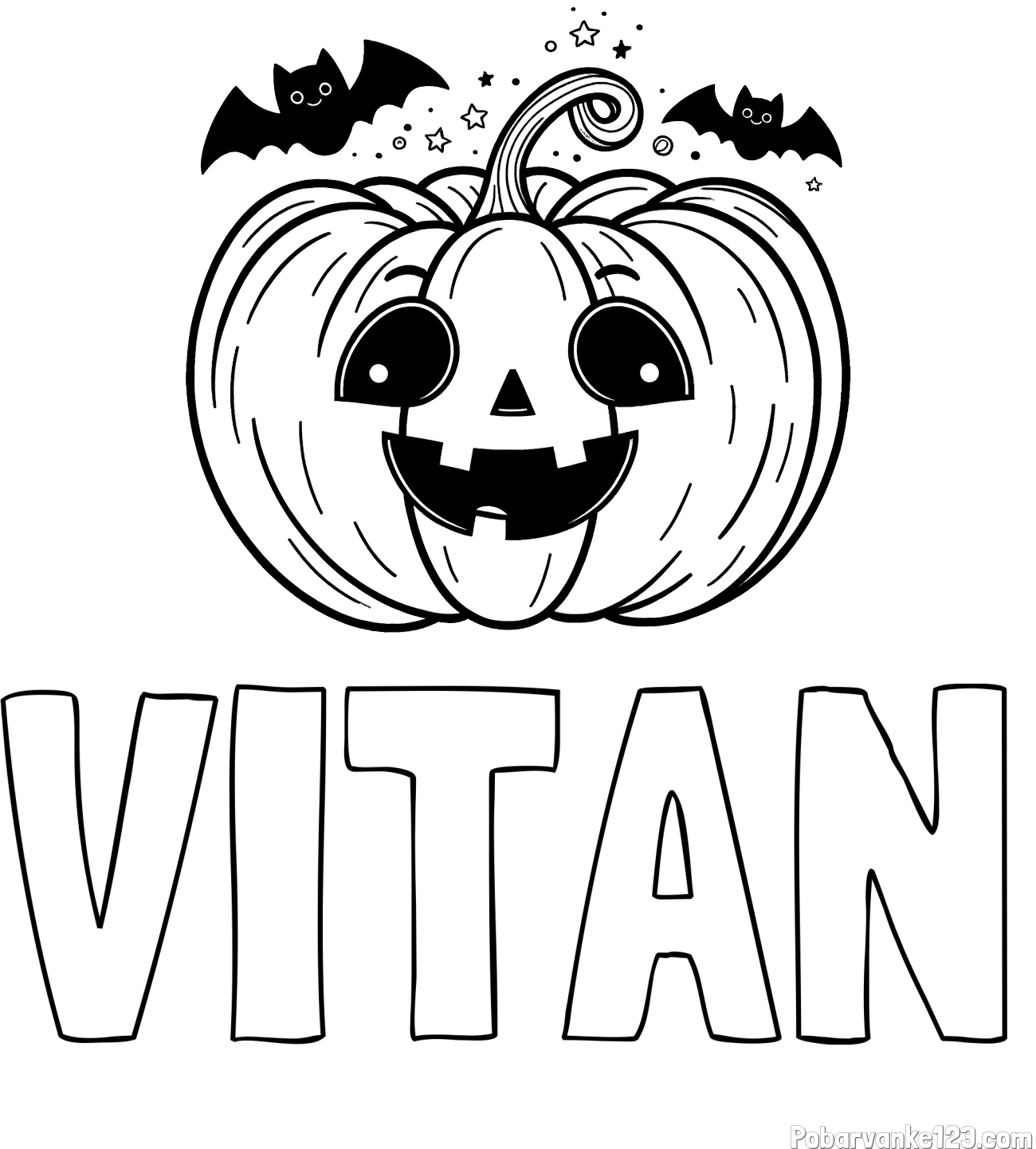 Pobarvanka imena VITAN in pobarvanka nasmejane buče ter dveh netopirjev za noč čarovnic
