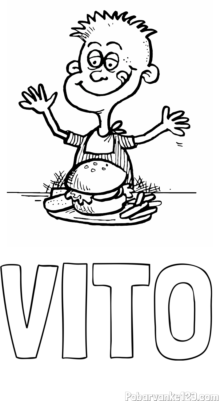 Pobarvanka imena VITO in pobarvanka otroka, ki je slastni hamburger z ocvrtim krompirčkom