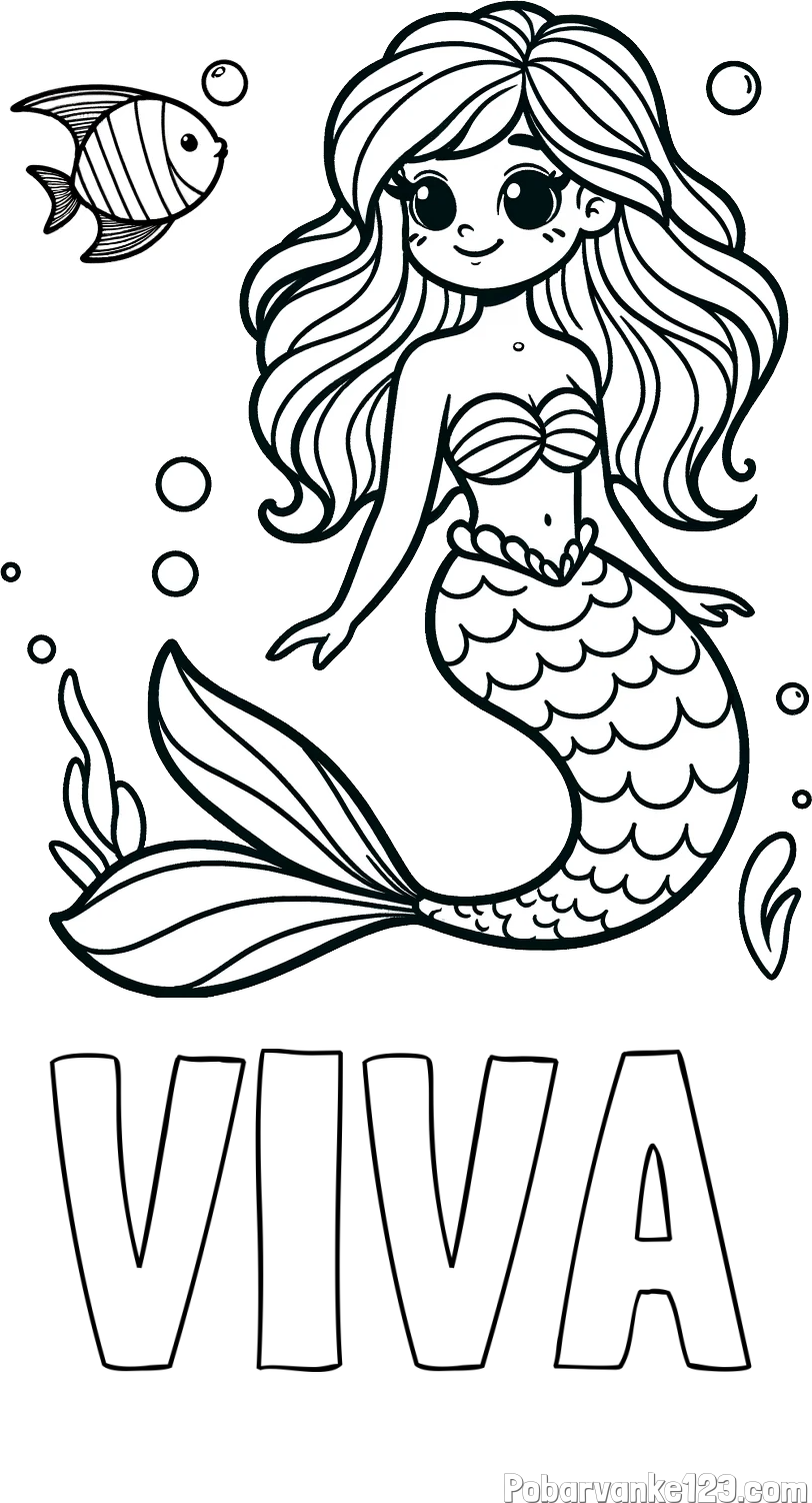 Pobarvanka imena VIVA in pobarvanka male morske deklice in ribice