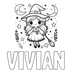 Online izdelana pobarvanka - Pobarvanka imena VIVIAN in pobarvanka prikupne čarovnice