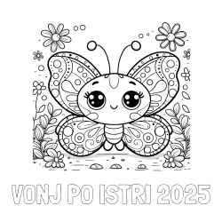 Online izdelana pobarvanka - Pobarvanka imena VONJ PO ISTRI 2025 in pobarvanka ljubkega metuljčka
