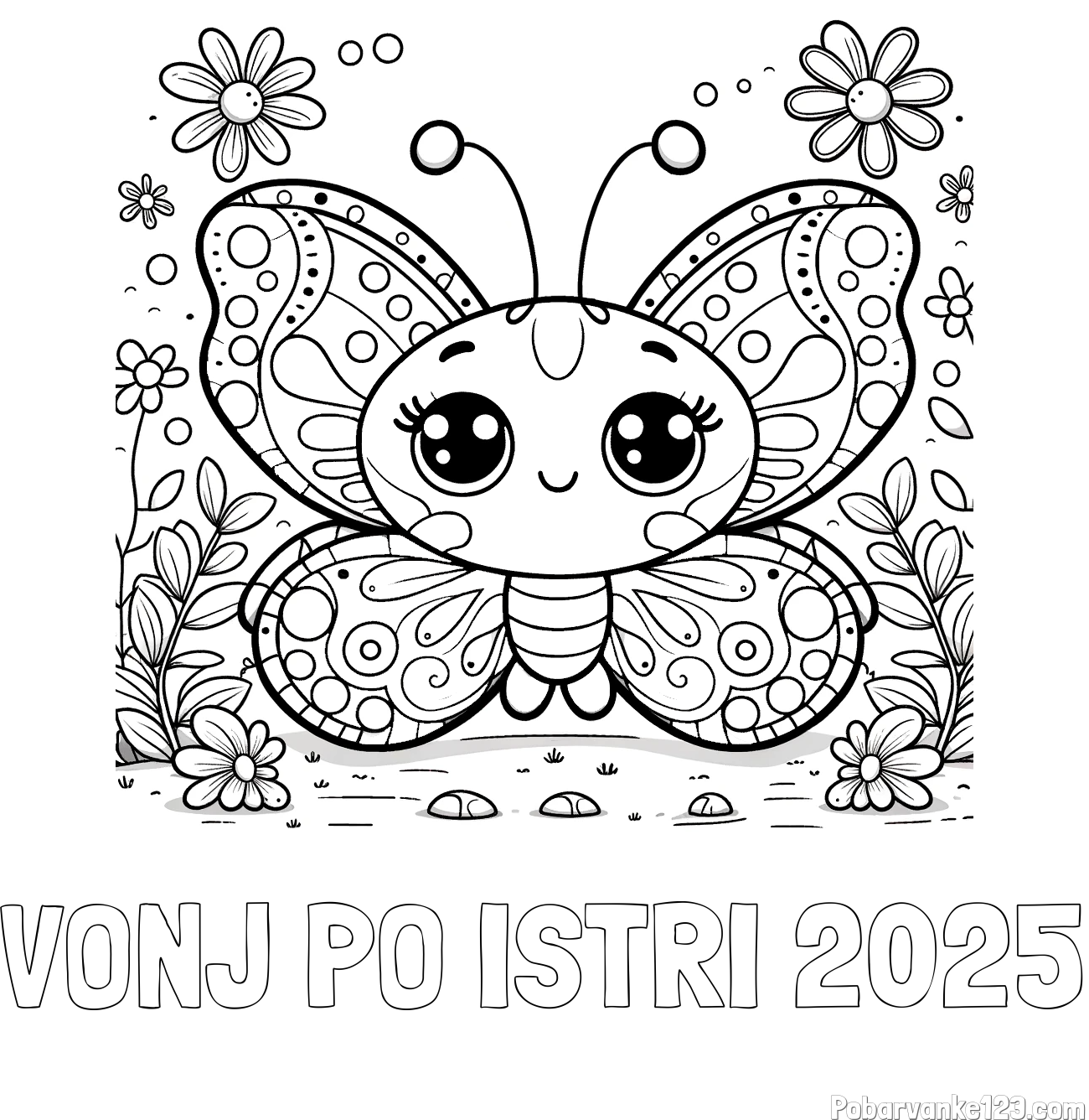 Pobarvanka imena VONJ PO ISTRI 2025 in pobarvanka ljubkega metuljčka