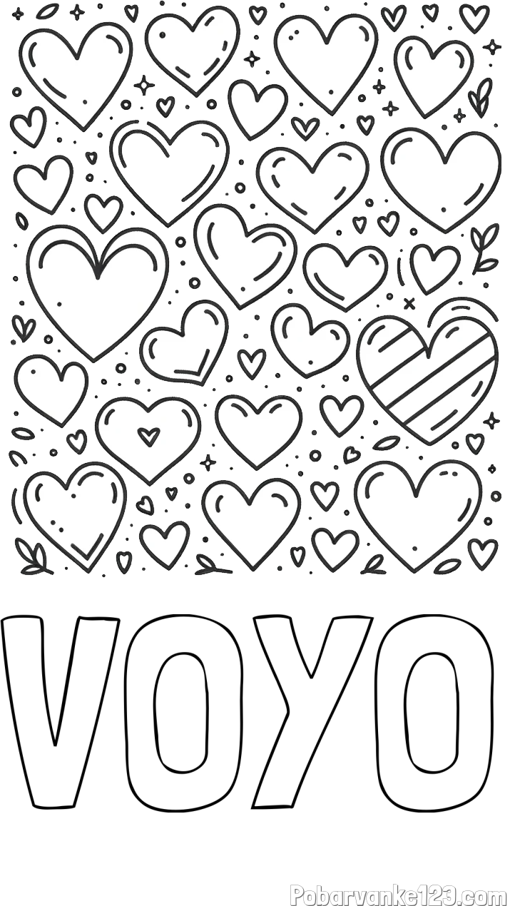 Pobarvanka imena VOYO in pobarvanka različnih srčkov