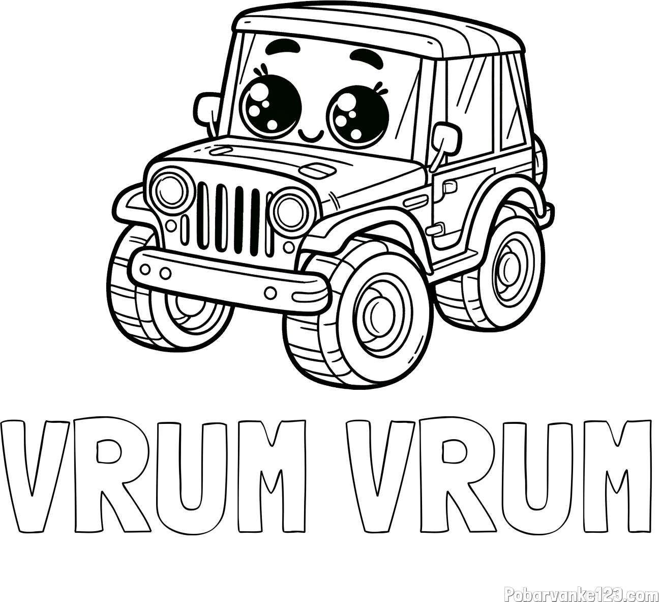 Pobarvanka imena VRUM VRUM in otroška pobarvanka nasmejanega jeep-a
