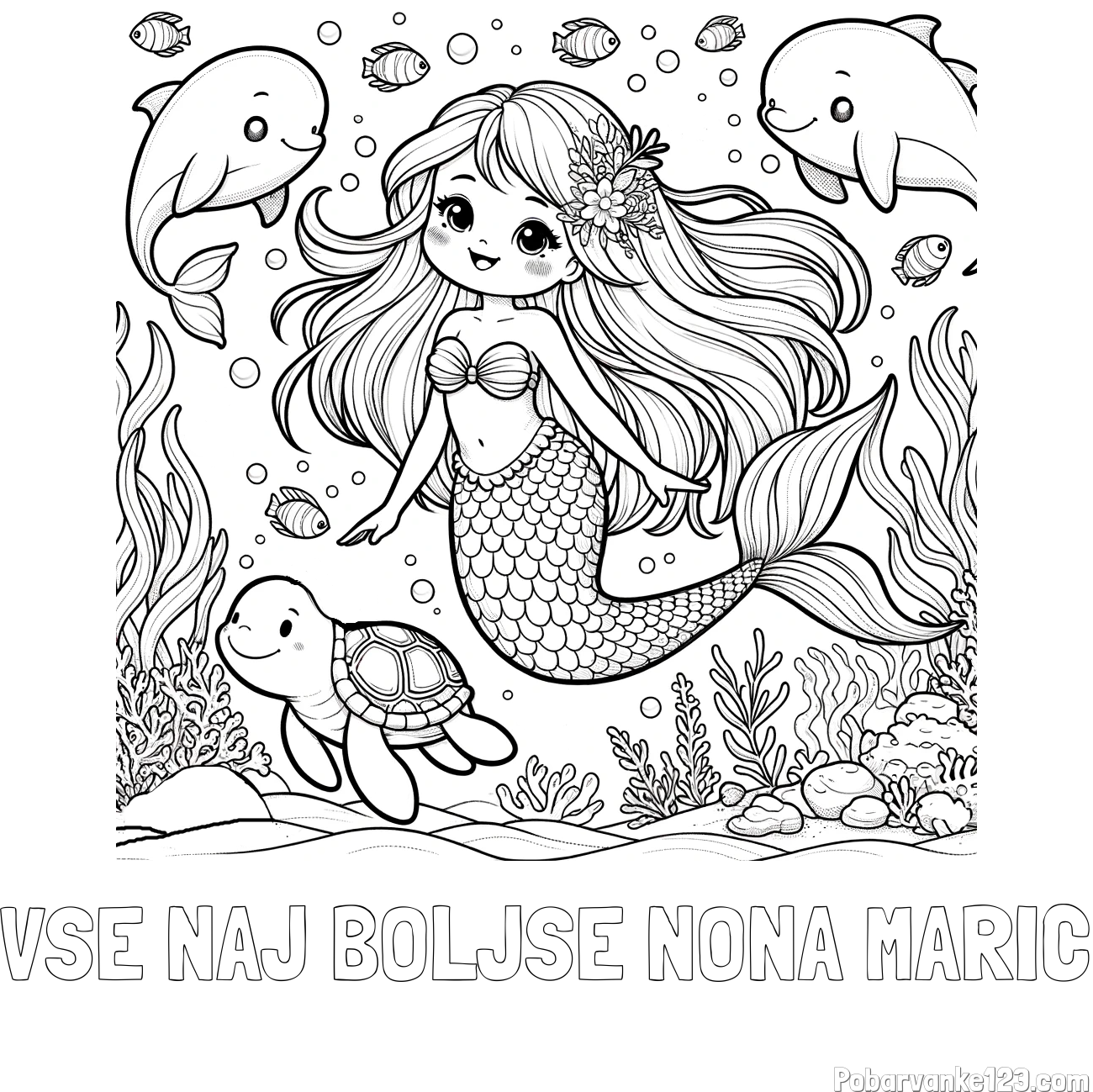Pobarvanka imena VSE NAJ BOLJSE NONA MARIC in pobarvana ljubke morske deklice s prijatelji