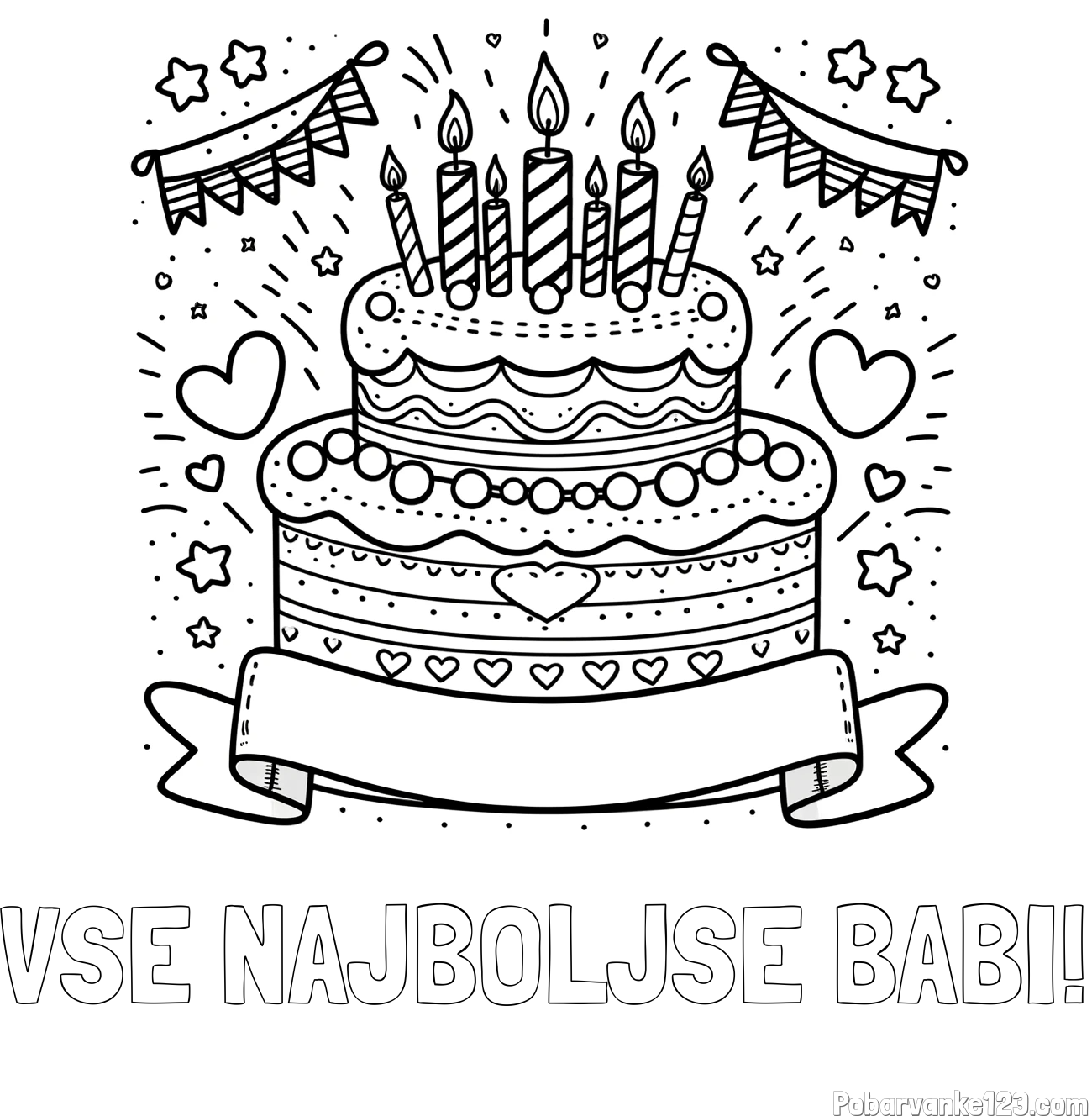Pobarvanka imena VSE NAJBOLJŠE BABI! in pobarvanka velike torte za rojstni dan