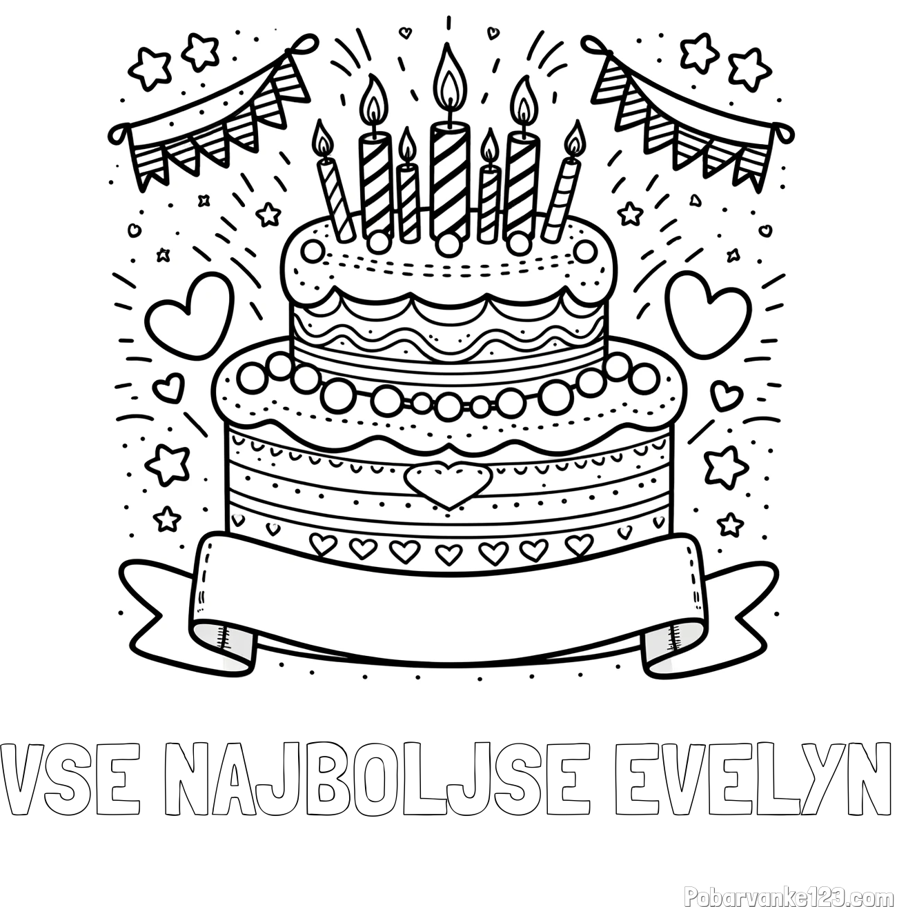 Pobarvanka imena VSE NAJBOLJŠE EVELYN in pobarvanka velike torte za rojstni dan