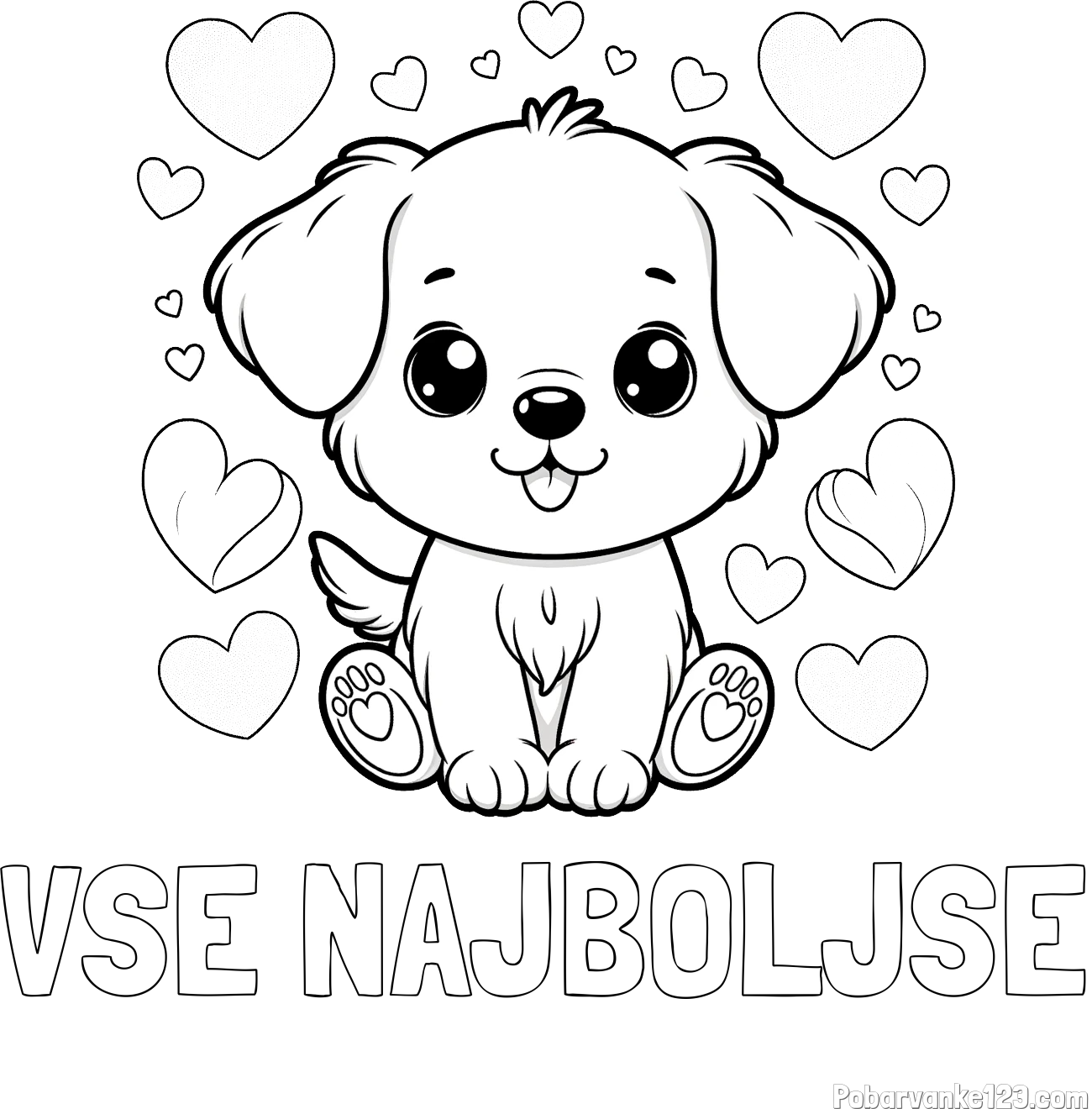 Pobarvanka imena VSE NAJBOLJŠE in pobarvanka ljubkega kužka obdanega s srčki