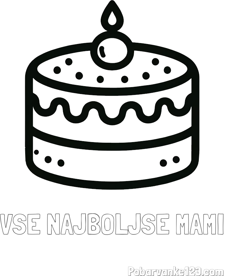 Pobarvanka imena VSE NAJBOLJŠE MAMI in otroška pobarvanka majhne torte