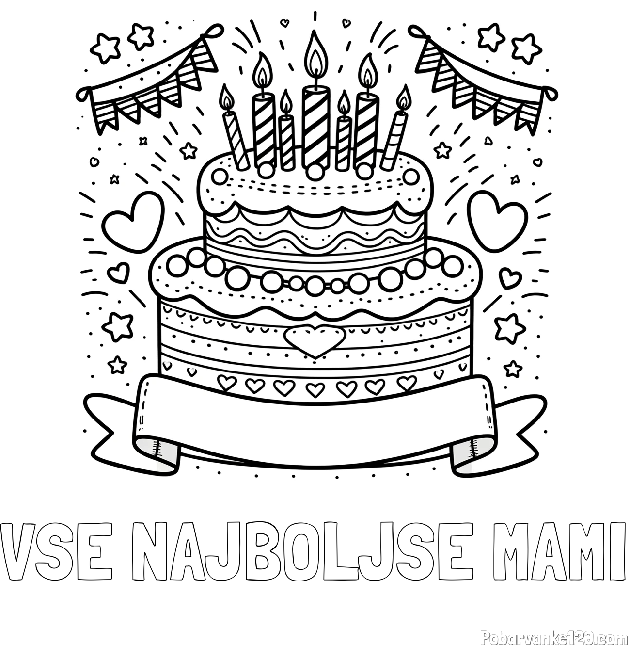 Pobarvanka imena VSE NAJBOLJŠE MAMI in pobarvanka velike torte za rojstni dan