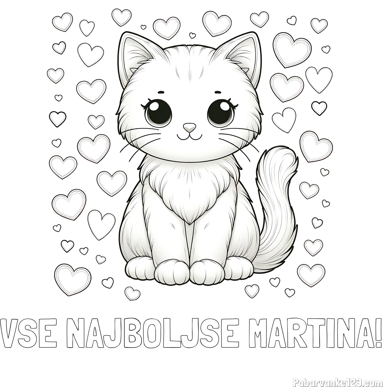 Pobarvanka imena VSE NAJBOLJŠE MARTINA! in pobarvanka ljubke mucke obdane s srčki