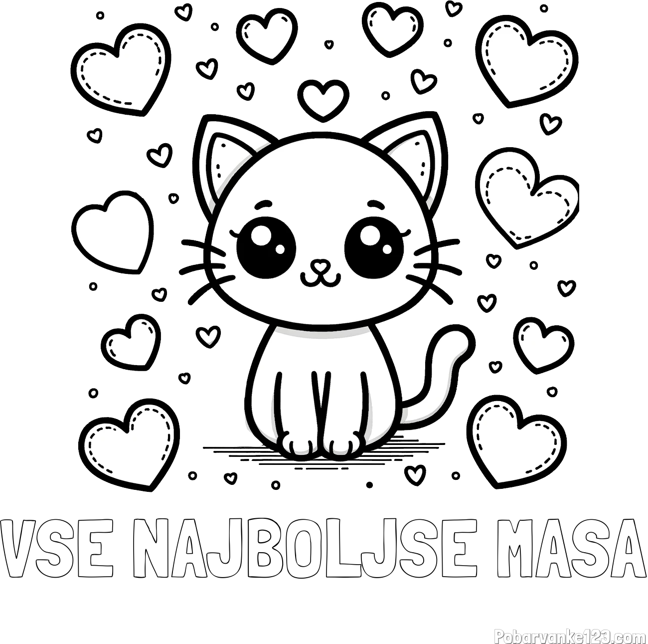 Pobarvanka imena VSE NAJBOLJŠE MAŠA in pobarvanka ljubke mucke obdane z veliko srčki