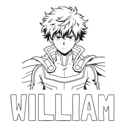 Online izdelana pobarvanka - Pobarvanka imena WILLIAM in pobarvanka junaka v anime slogu