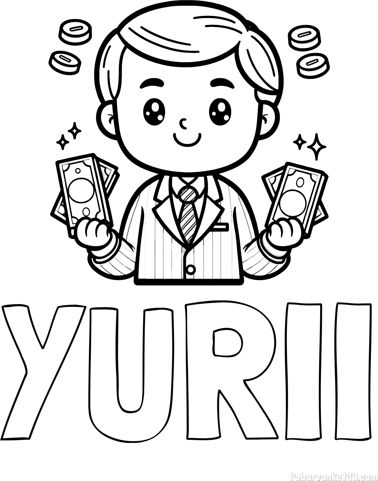 Pobarvanka imena YURII in otroška pobarvanka bankirja z veliko denarja
