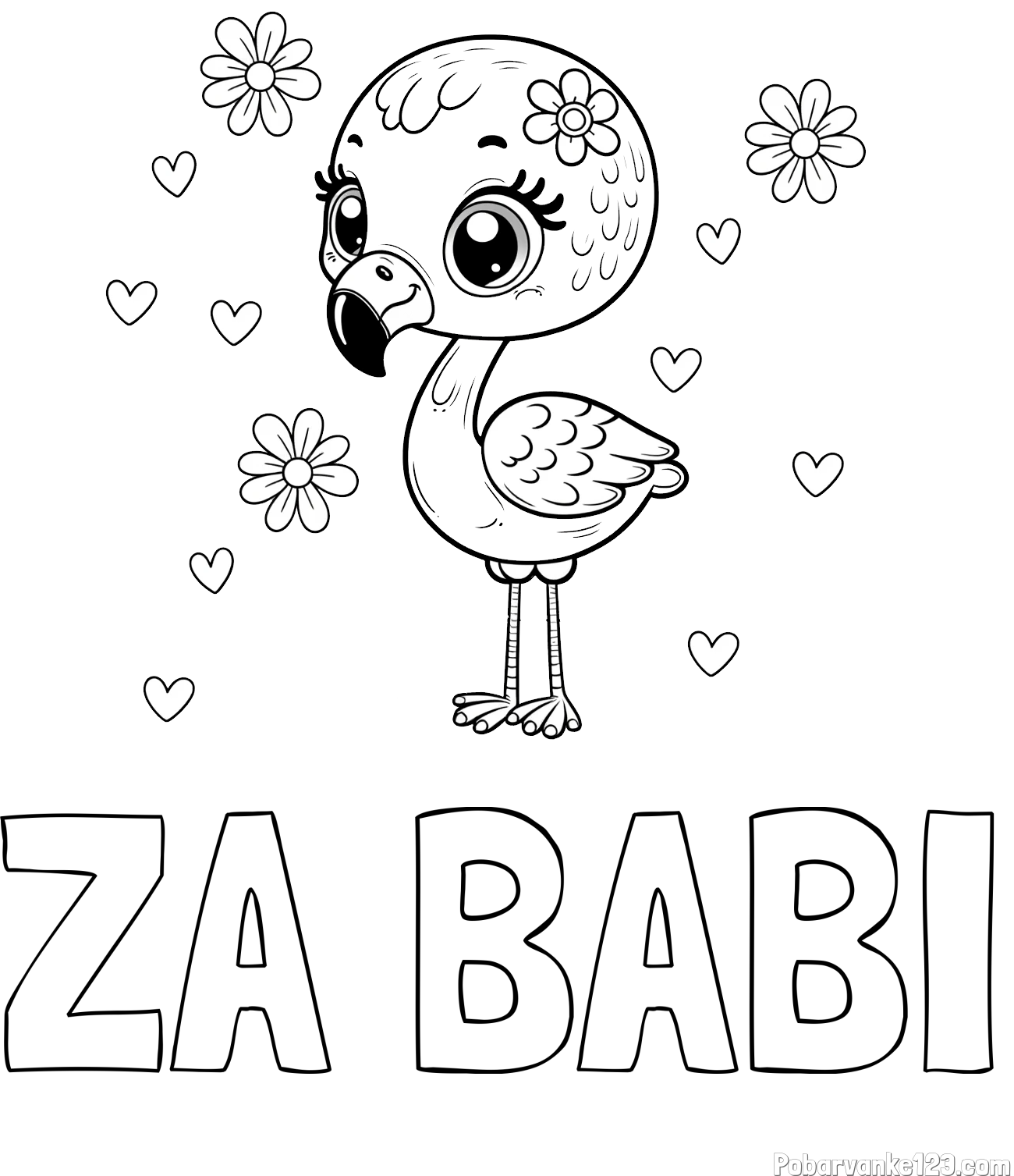 Pobarvanka imena ZA BABI in pobarvanka mladička flaminga z rožicami in srčki