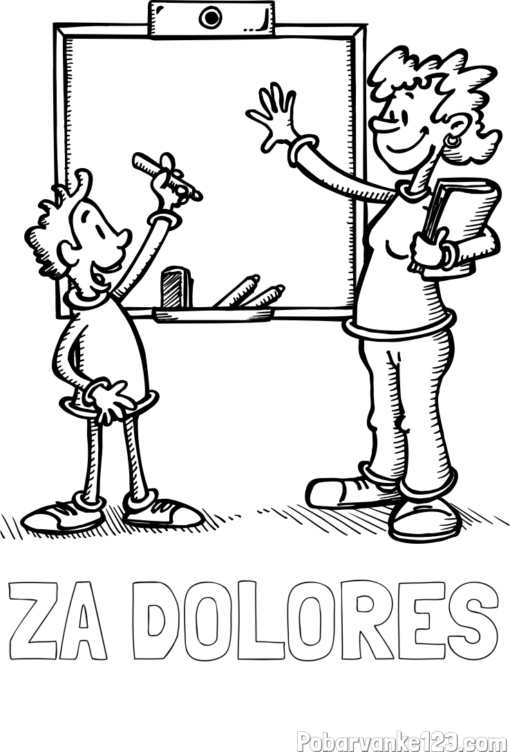 Pobarvanka imena ZA DOLORES in pobarvanka učiteljice in učenca pred tablo