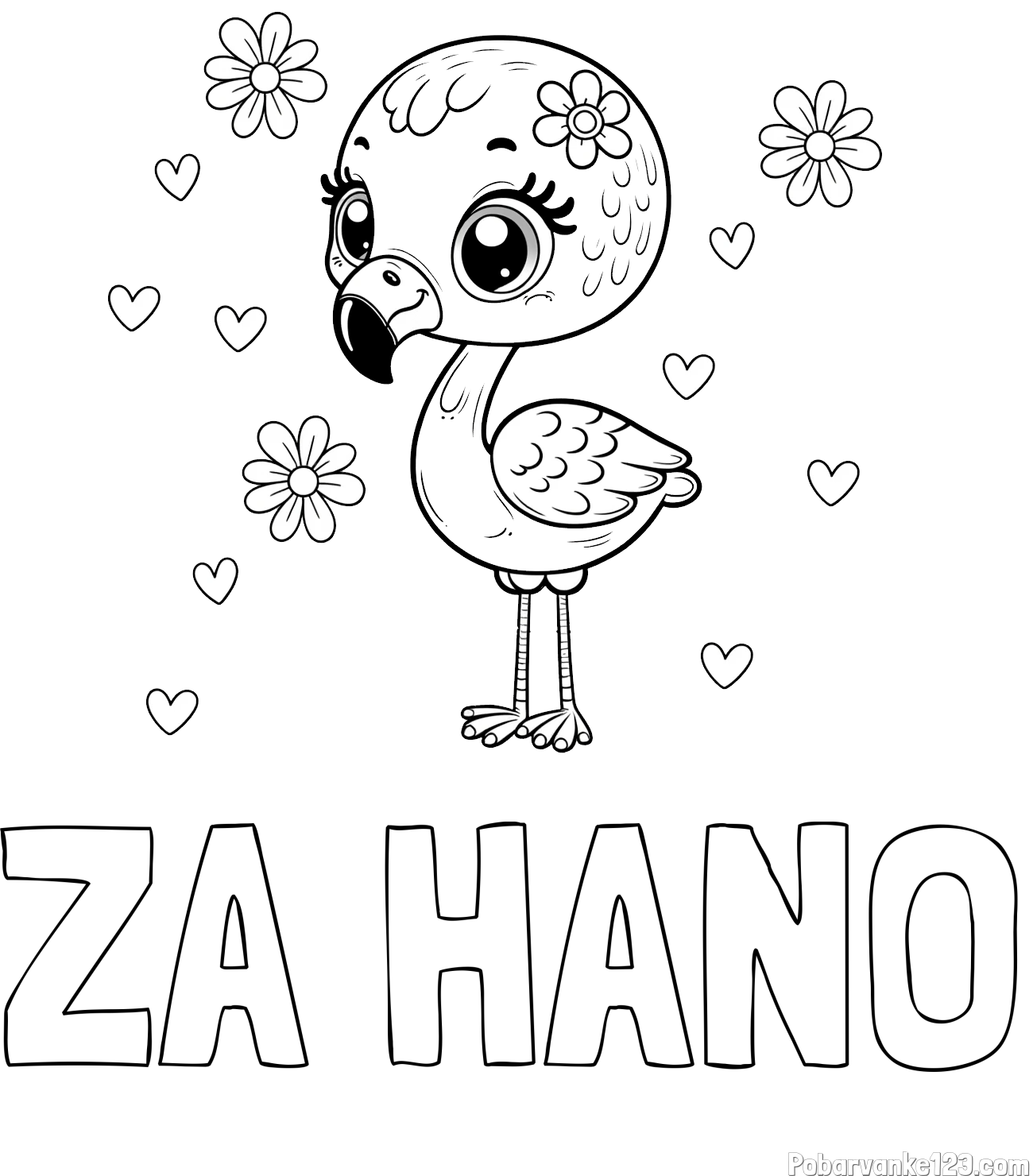 Pobarvanka imena ZA HANO in pobarvanka mladička flaminga z rožicami in srčki