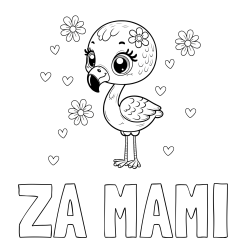 Online izdelana pobarvanka - Pobarvanka imena ŽA MAMI in pobarvanka mladička flaminga z rožicami in srčki