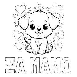 Online izdelana pobarvanka - Pobarvanka imena ZA MAMO in pobarvanka ljubkega kužka obdanega s srčki