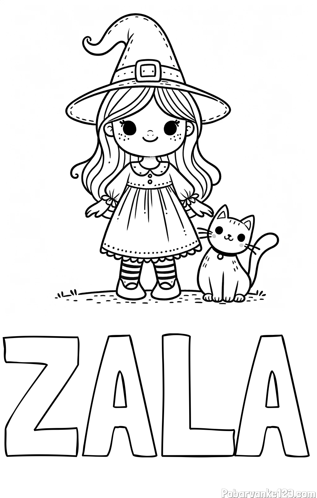 Pobarvanka imena ZALA in Čudovita pobarvanka ljubke čarovnice in nasmejane mačke