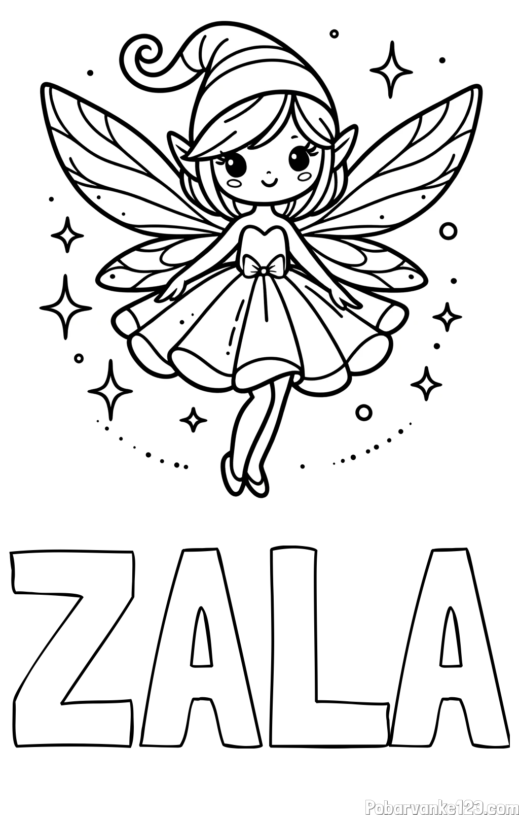 Pobarvanka imena ZALA in otroška pobarvanka čudovite vile
