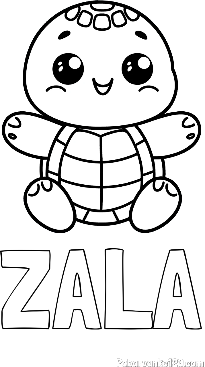 Pobarvanka imena ZALA in otroška pobarvanka ljubke in nasmejane želvice