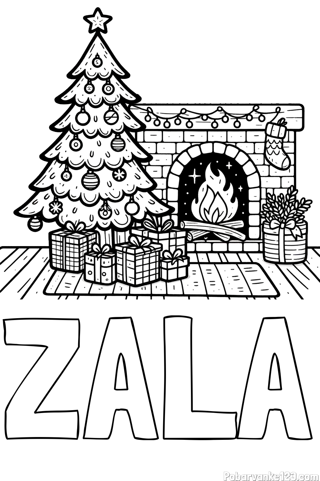 Pobarvanka imena ZALA in pobarvanka božične noči z božično smrečico, darili ter kaminom