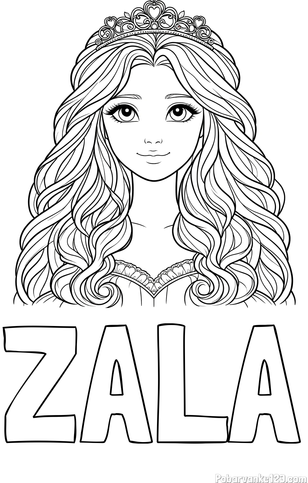 Pobarvanka imena ZALA in pobarvanka ljubke princese z bujnimi lasmi