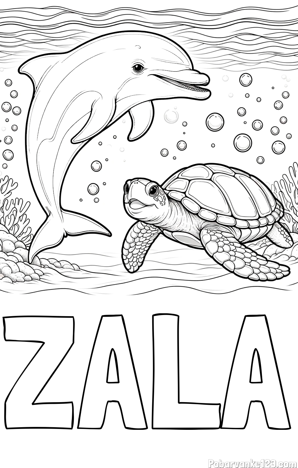 Pobarvanka imena ZALA in pobarvanka ljubkega delfina in njegove prijateljice želve