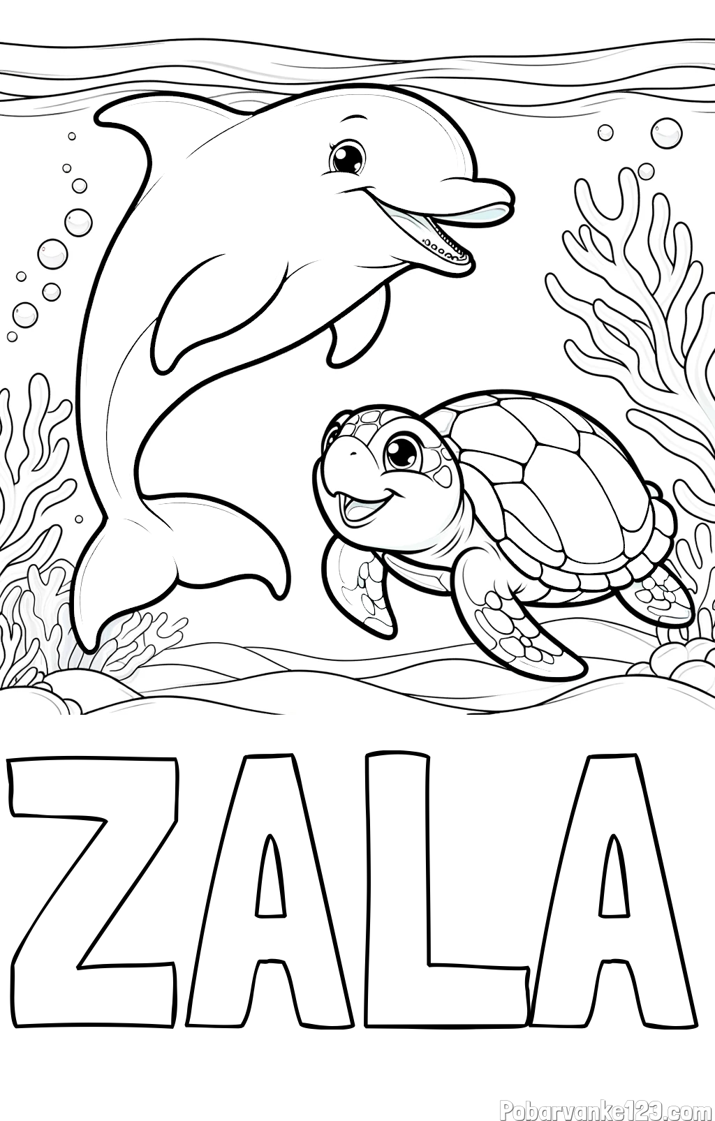 Pobarvanka imena ZALA in pobarvanka ljubkega delfina z želvo v morju