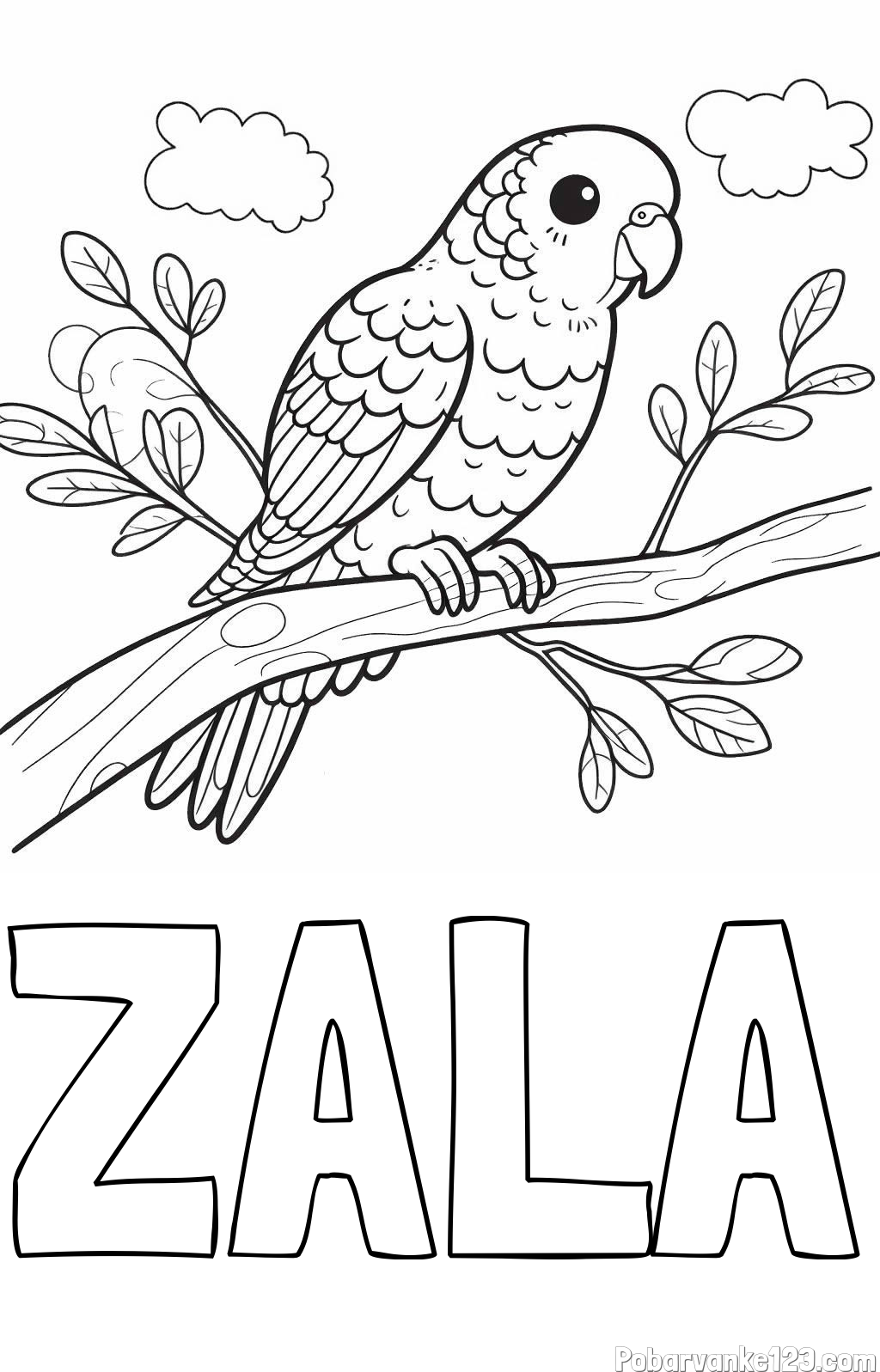 Pobarvanka imena ZALA in pobarvanka ljubkega kanarčka na veji