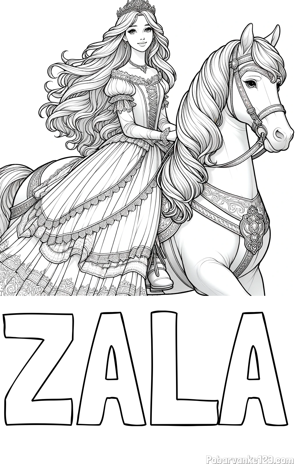 Pobarvanka imena ZALA in pobarvanka nasmejana princese na konju