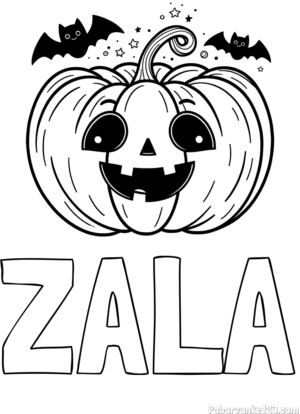 Pobarvanka imena ZALA in pobarvanka nasmejane buče ter dveh netopirjev za noč čarovnic