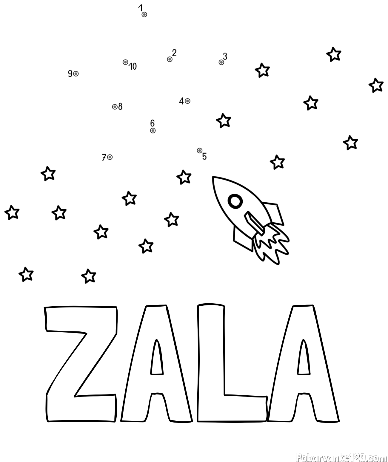 Pobarvanka imena ZALA in pobarvanka poveži številke - vesoljska tematika