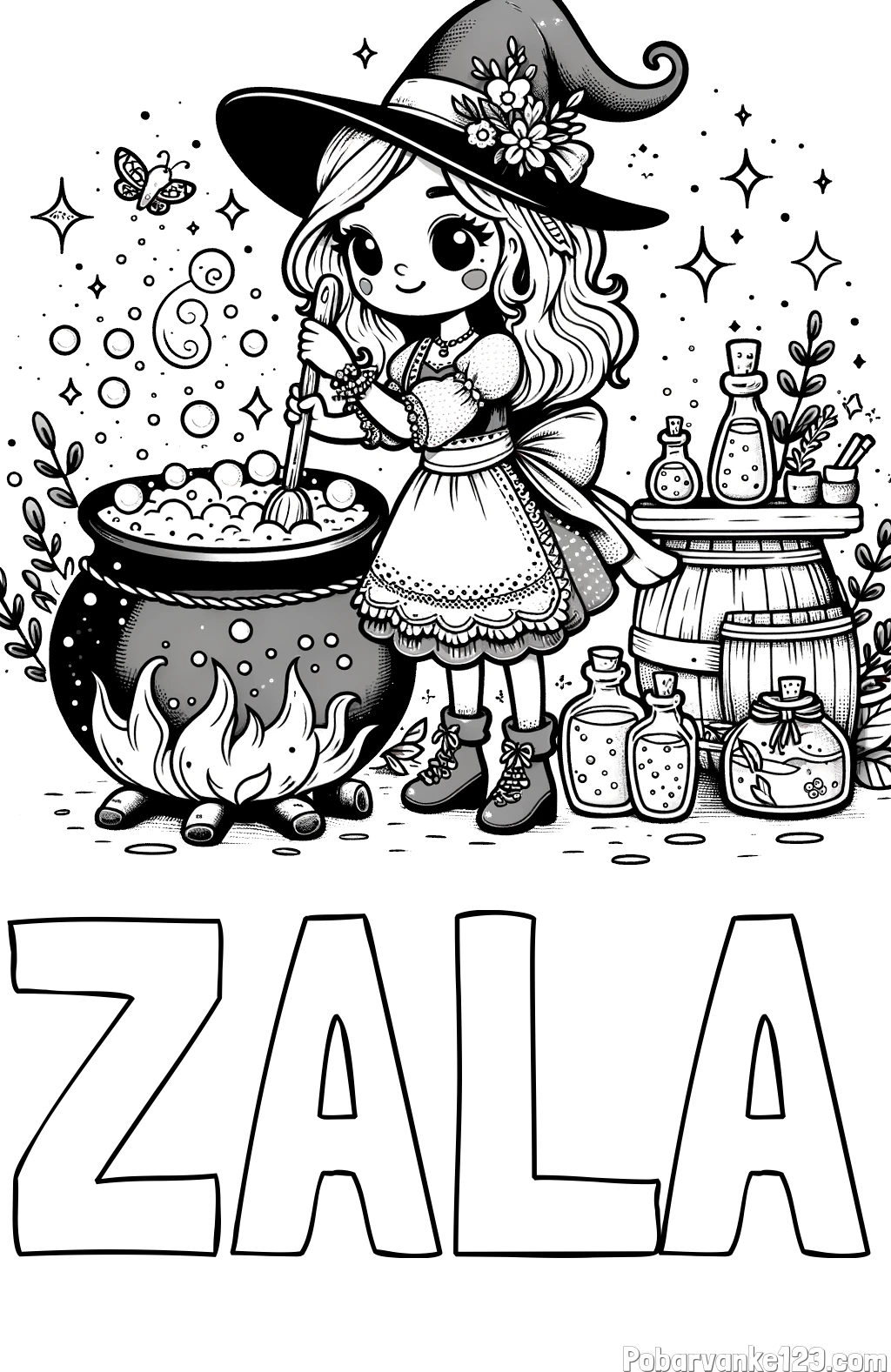 Pobarvanka imena ZALA in pobarvanka prikupna čarovnica, ki pripravlja čarobni napoj