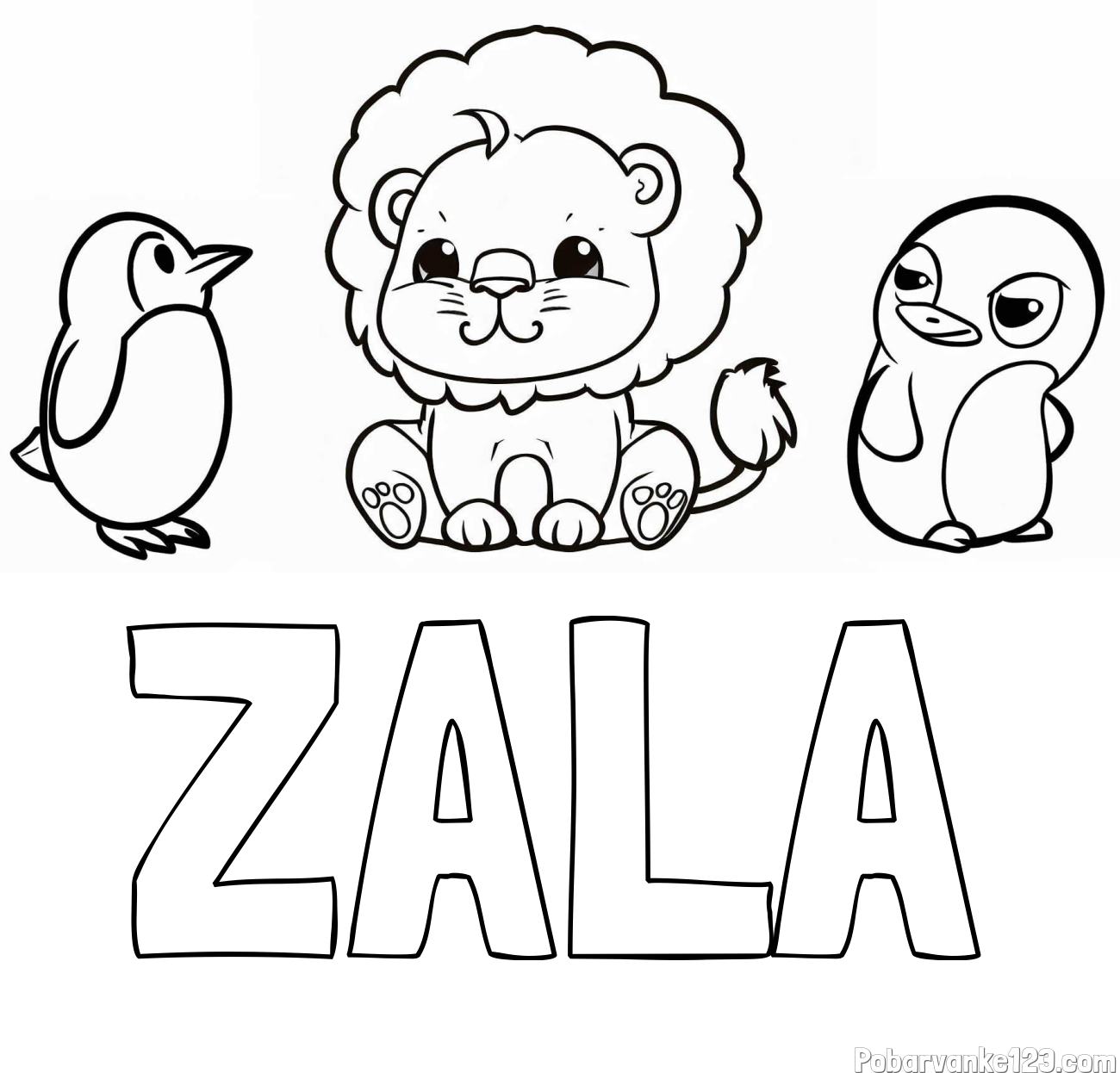Pobarvanka imena ZALA in pobarvanka prikupnega levčka in dveh hudomušnih pingvinčkov