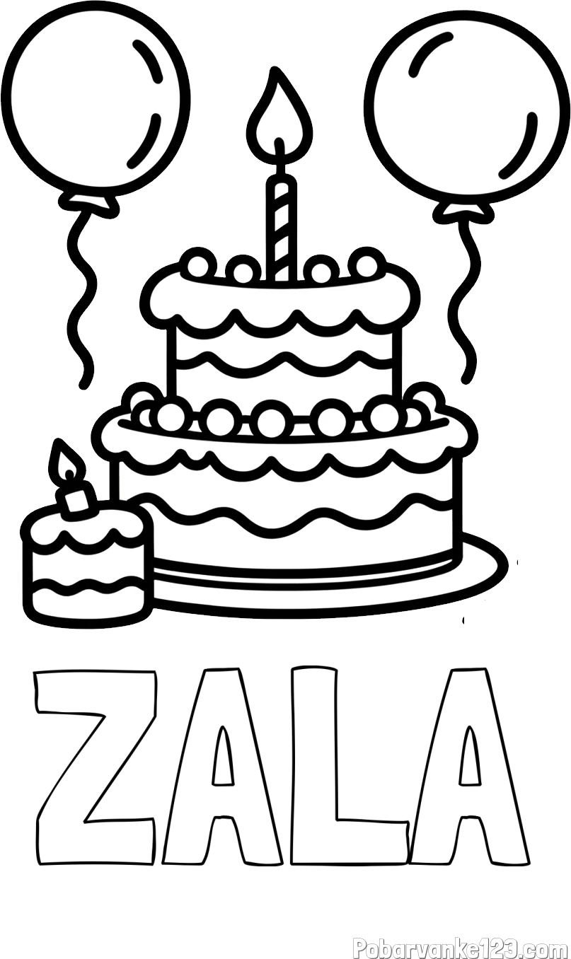 Pobarvanka imena ZALA in pobarvanka velike rojstnodnevne torte
