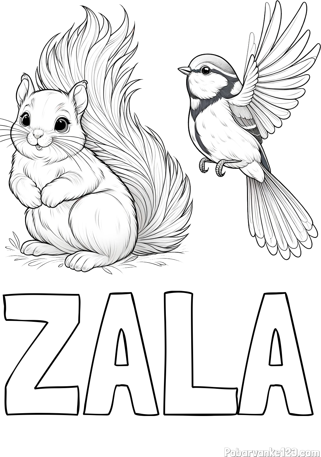 Pobarvanka imena ZALA in pobarvanka veverice in ptičke