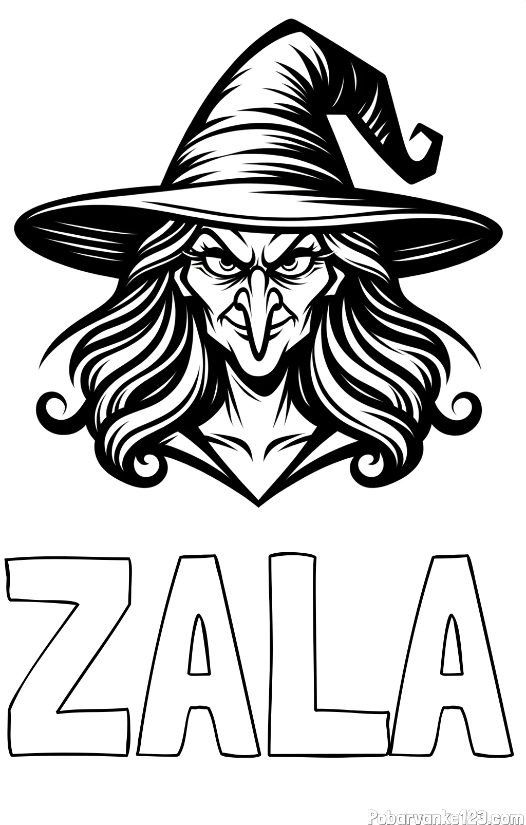 Pobarvanka imena ZALA in pobarvanka zlobne čarovnice s kljukastim nosom