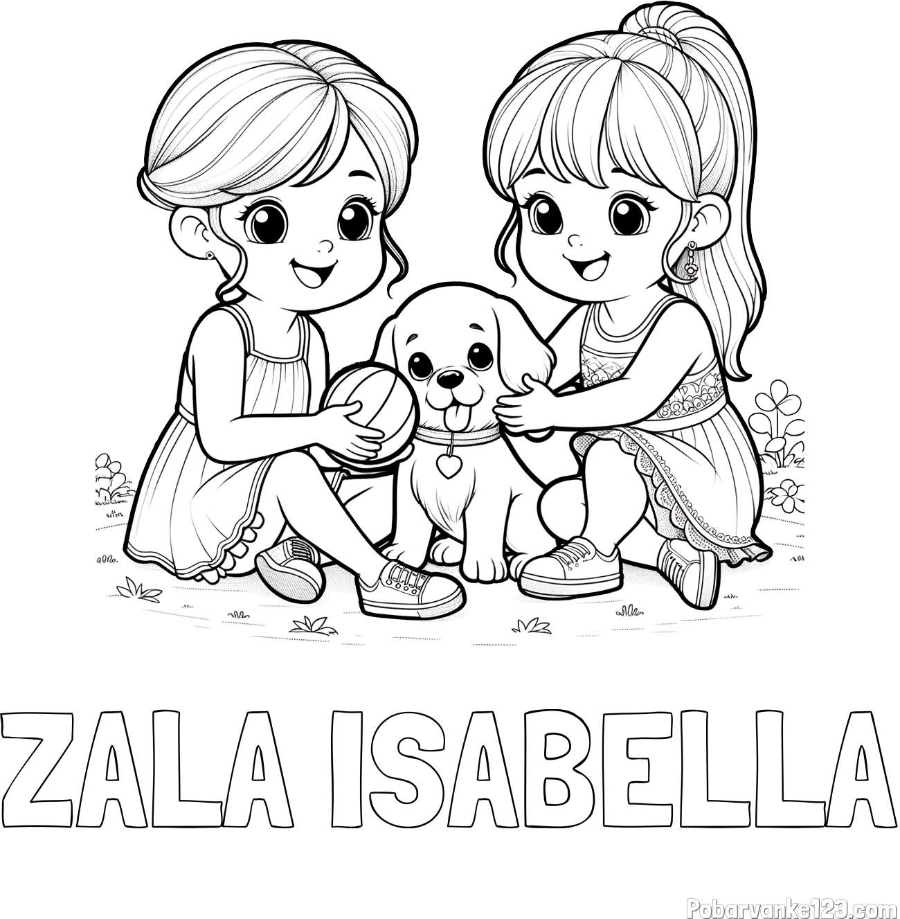 Pobarvanka imena ZALA ISABELLA in pobarvanka prijateljic s kužkom