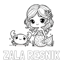 Online izdelana pobarvanka - Pobarvanka imena ZALA RESNIK in pobarvanka ljubke morske deklice in veselega raka