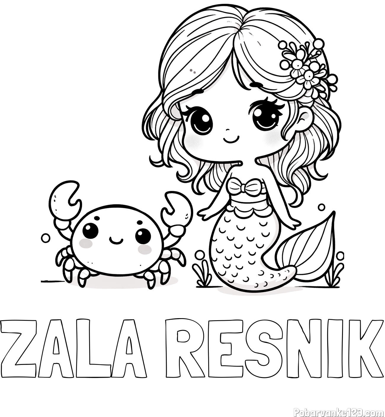 Pobarvanka imena ZALA RESNIK in pobarvanka ljubke morske deklice in veselega raka