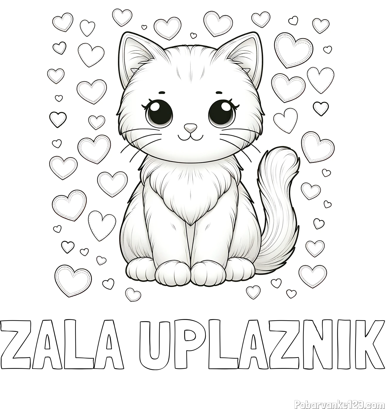 Pobarvanka imena ZALA UPLAZNIK in pobarvanka ljubke mucke obdane s srčki