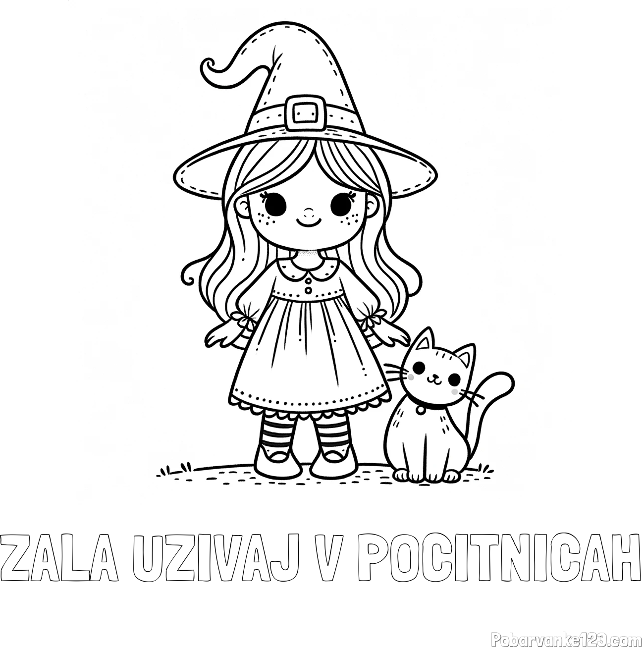 Pobarvanka imena ZALA UŽIVAJ V POČITNICAH in Čudovita pobarvanka ljubke čarovnice in nasmejane mačke
